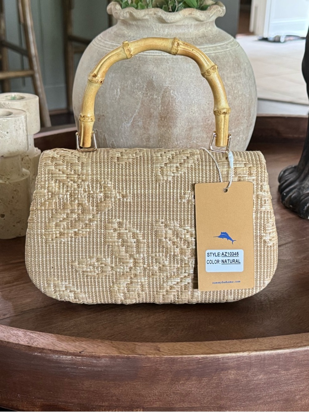 Brand NewTommy Bahama Natural Woven Mini Bag with Bamboo Handle